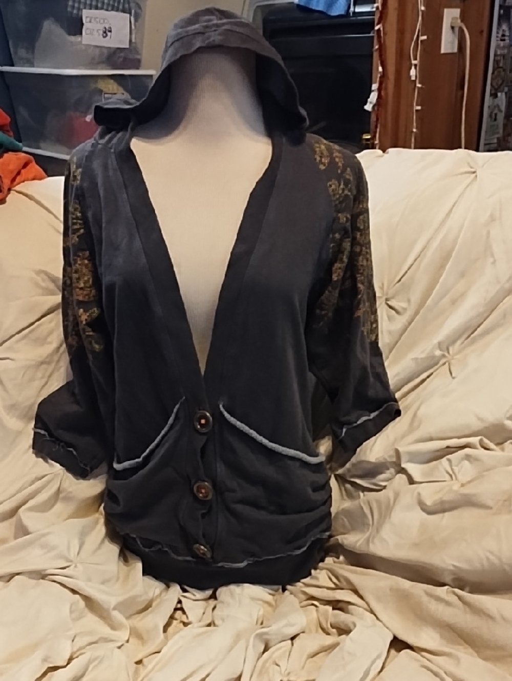 Scrapbook Originals Charcoal Hooded Button-Front Cardigan with Floral Accents